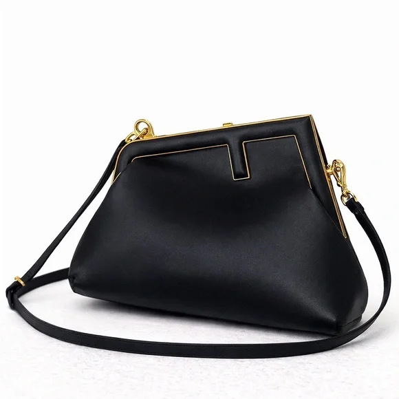 Black Designer-Inspired Crossbody Handbag | Gold Frame Clutch Purse - Picture 5 of 6